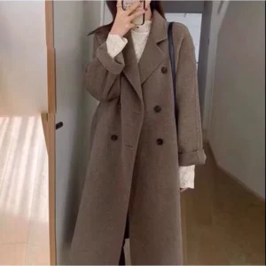 Double Breasted Wool Coat Women Free Size L100cm W52cm S58cm